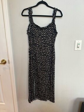 Blue Rain Black Midi Dress with Cream Spot Print